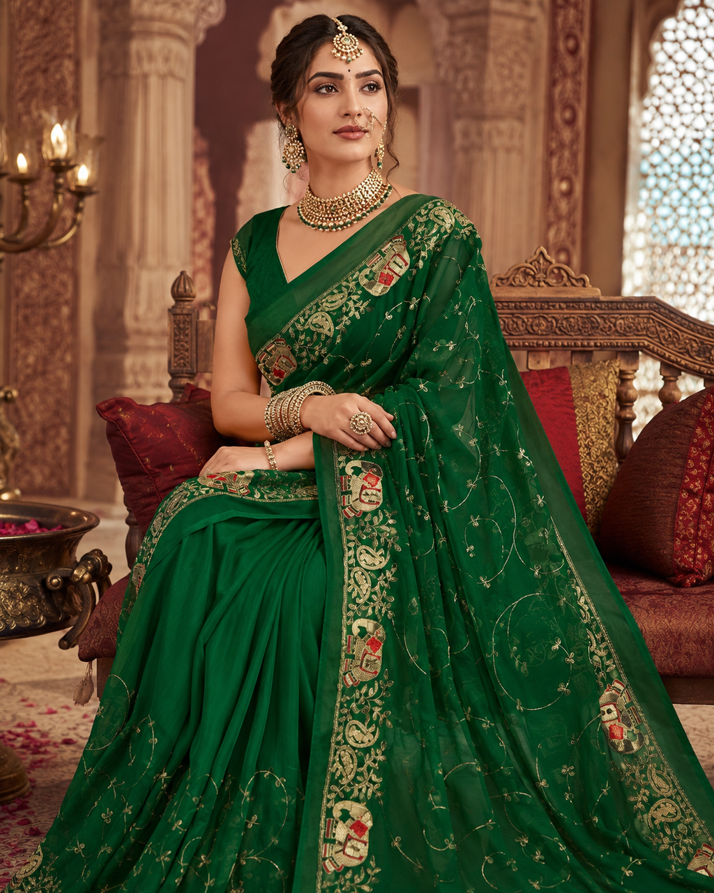 Forest Green Georgette Party Wear Saree with Sequin & Tari Embroidered Work