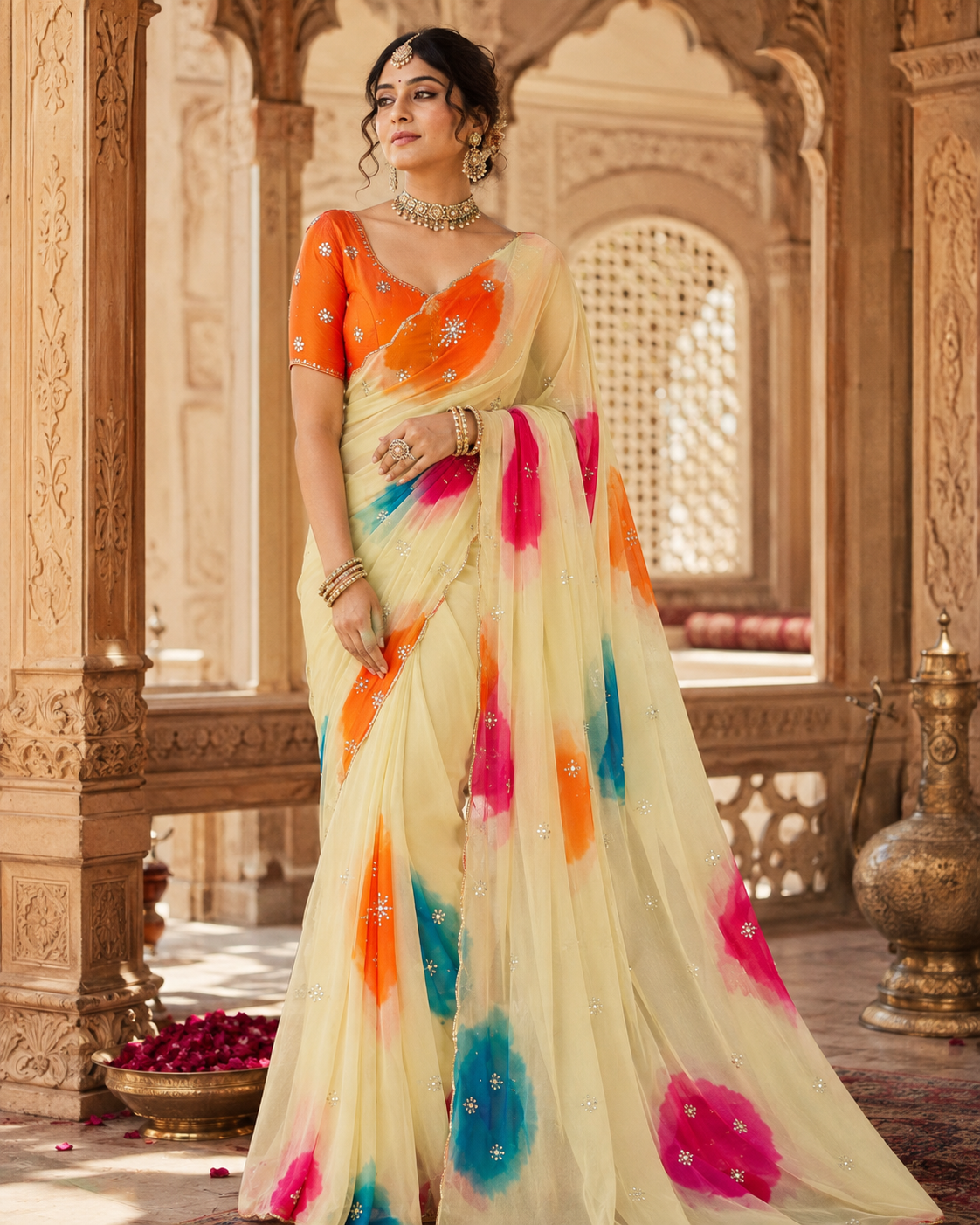 Ethereal Multicolor Tie-Dye Chiffon Saree with Intricate Cutdana Embellishments