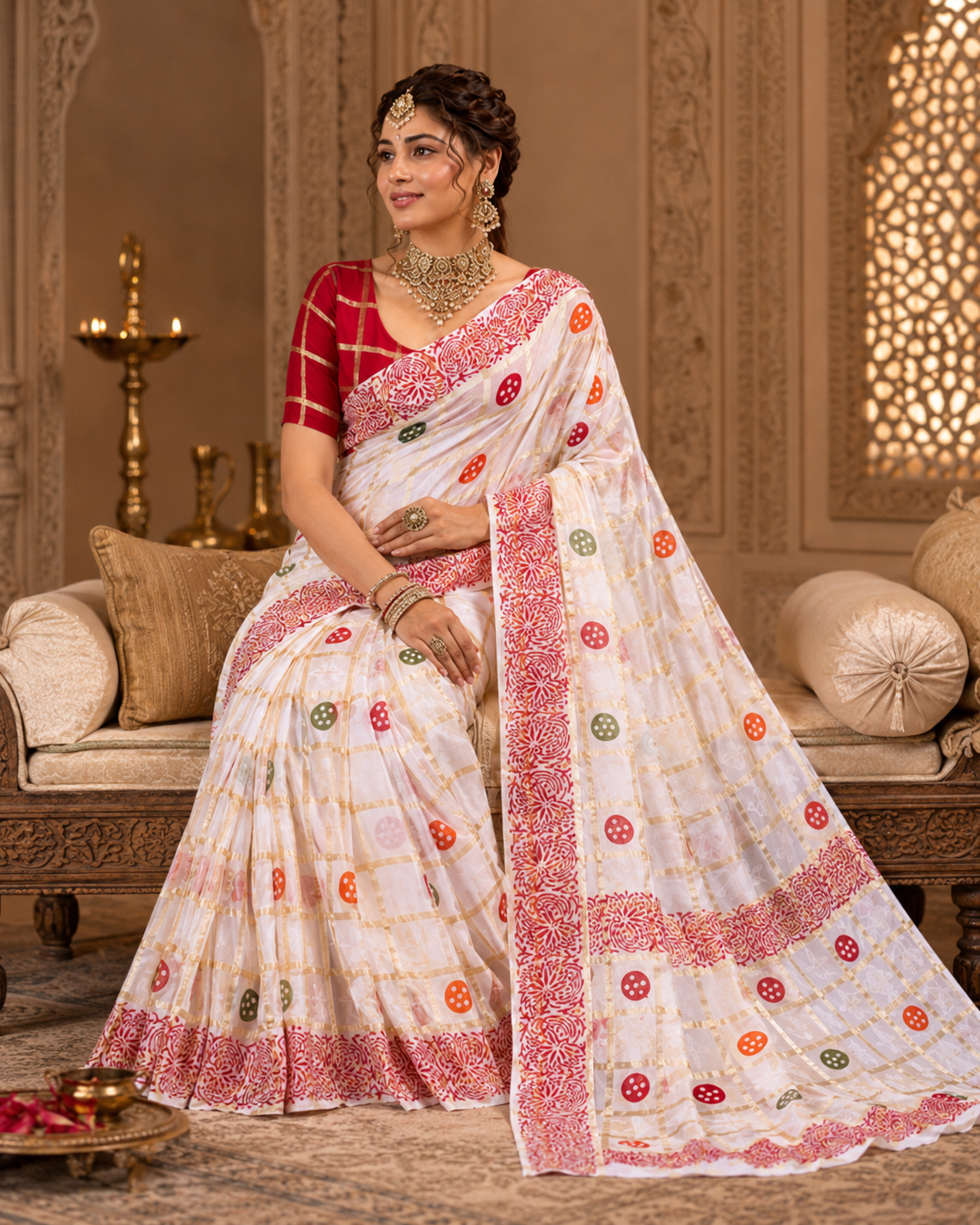 Royal Crimson & Ivory Faag Georgette Saree