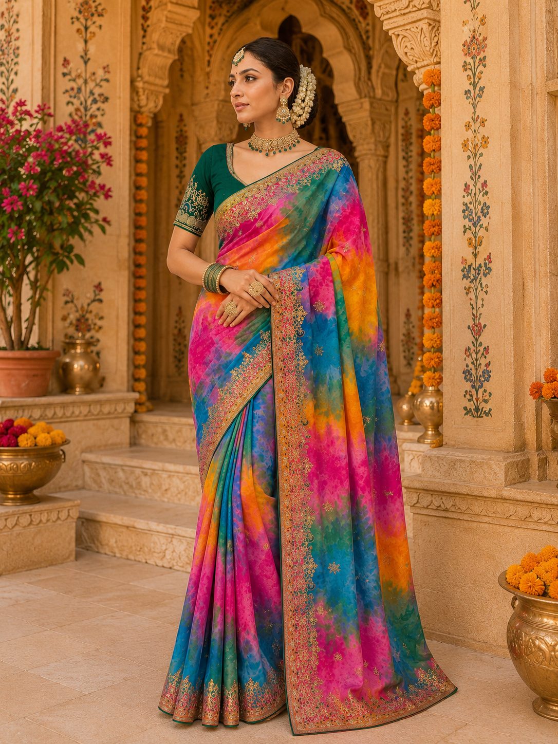 Vibrant Multicolor Georgette Bandhani Festive Wear Saree