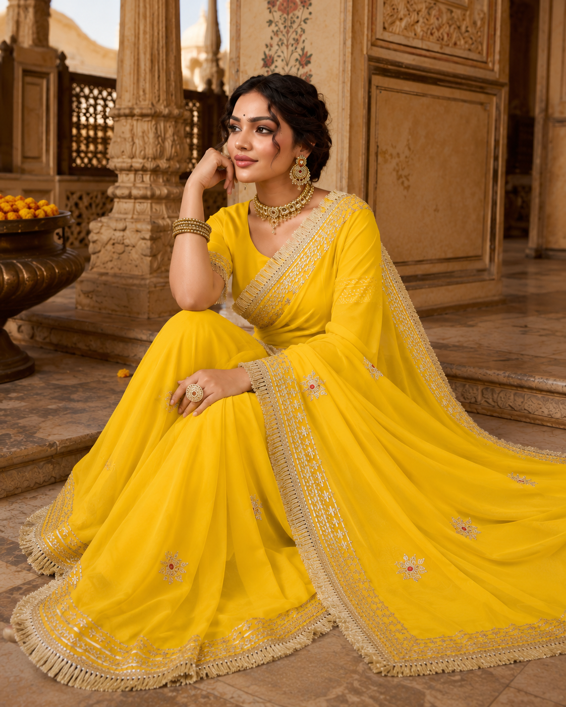 Sunshine Yellow Pure Georgette Saree with Gota Patti Embellishment