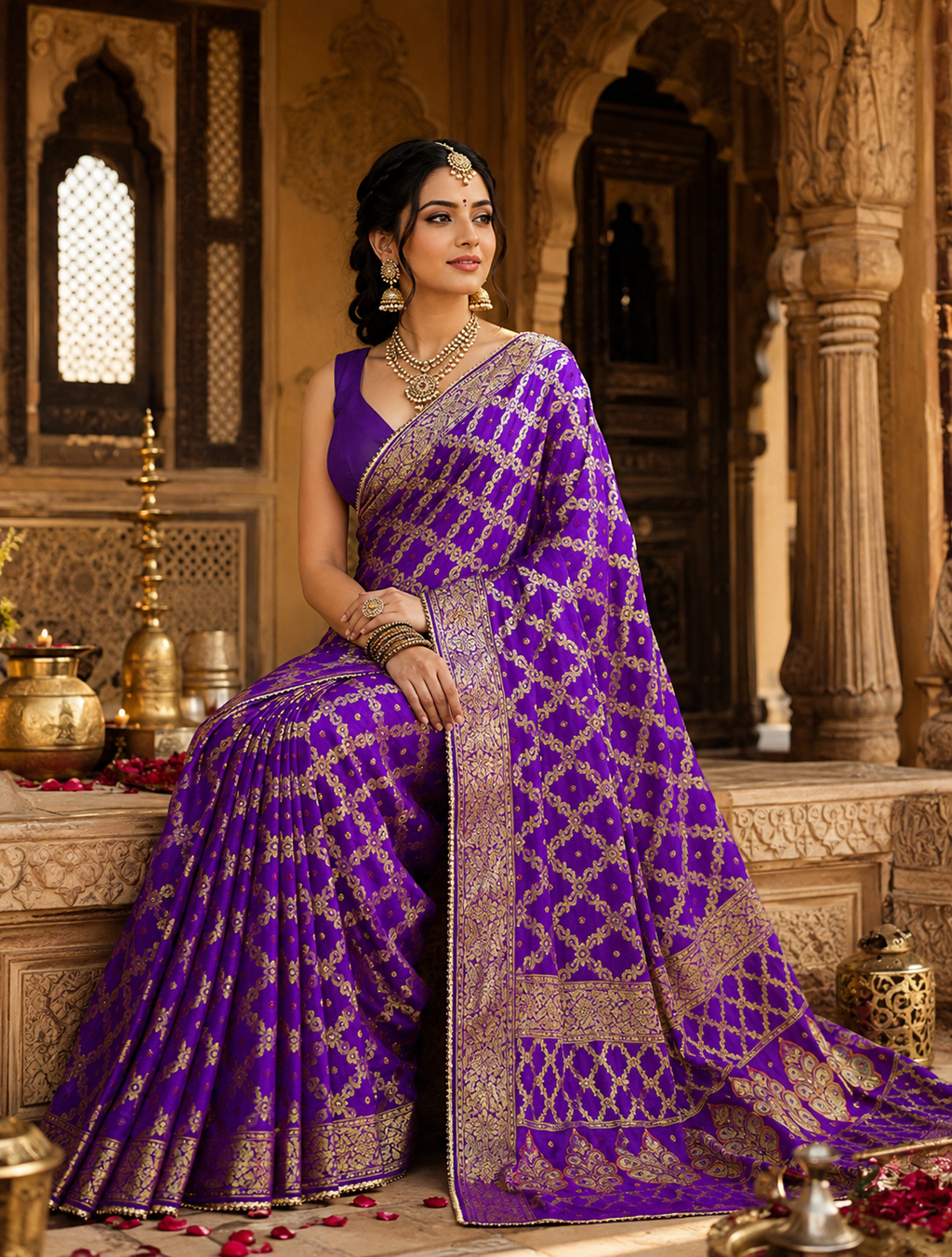 Royal Amethyst Gharchola Banarasi Silk Saree with Heavy Zari Work