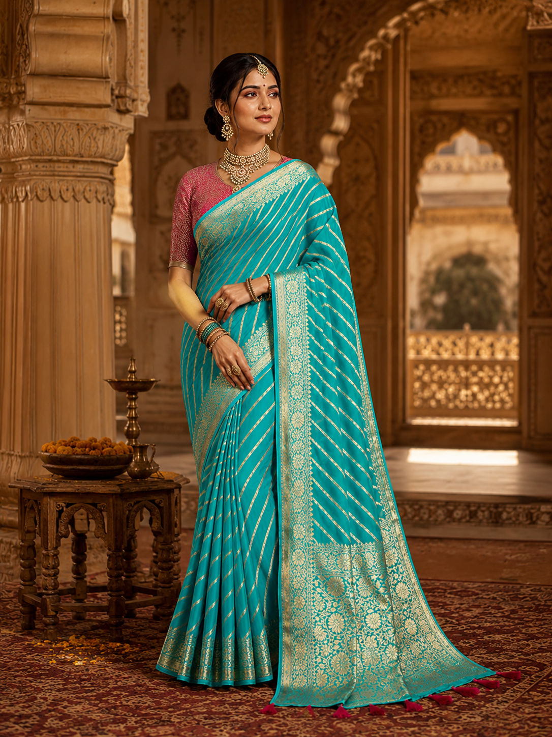 Turquoise Emerald Khaddi Georgette Banarasi Handloom Leheriya Zari Saree