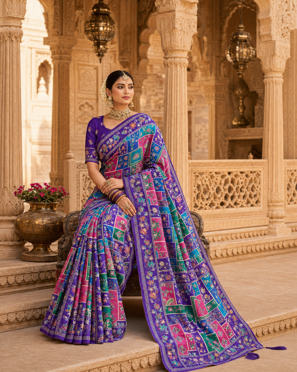 Vibrant Mosaic Printed Saree with Intricate Mirror Work