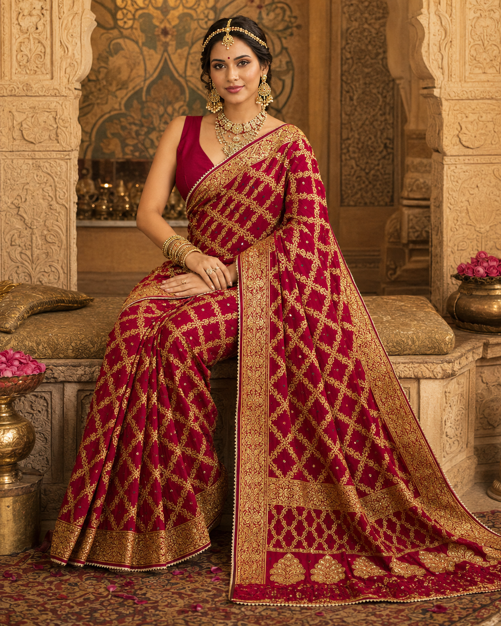 Bridal Scarlet Red Gharchola Banarasi Silk Saree with Heavy Zari Work