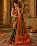 Traditional Red & Green Gharchola Banarasi Silk Saree with Heavy Zari Work
