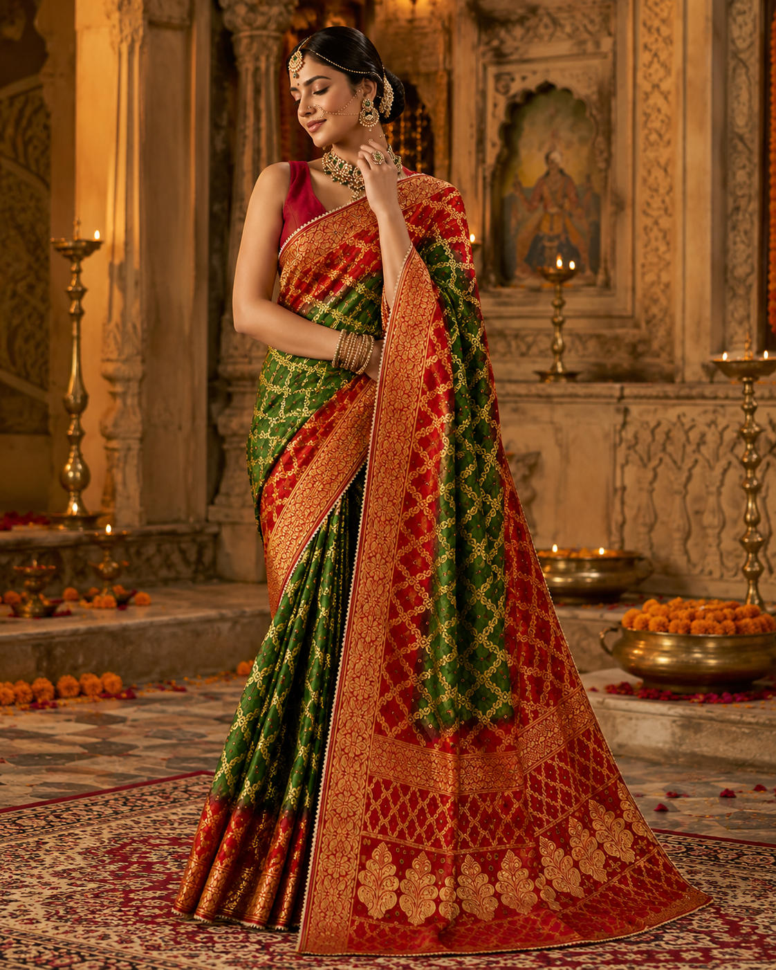 Traditional Red & Green Gharchola Banarasi Silk Saree with Heavy Zari Work