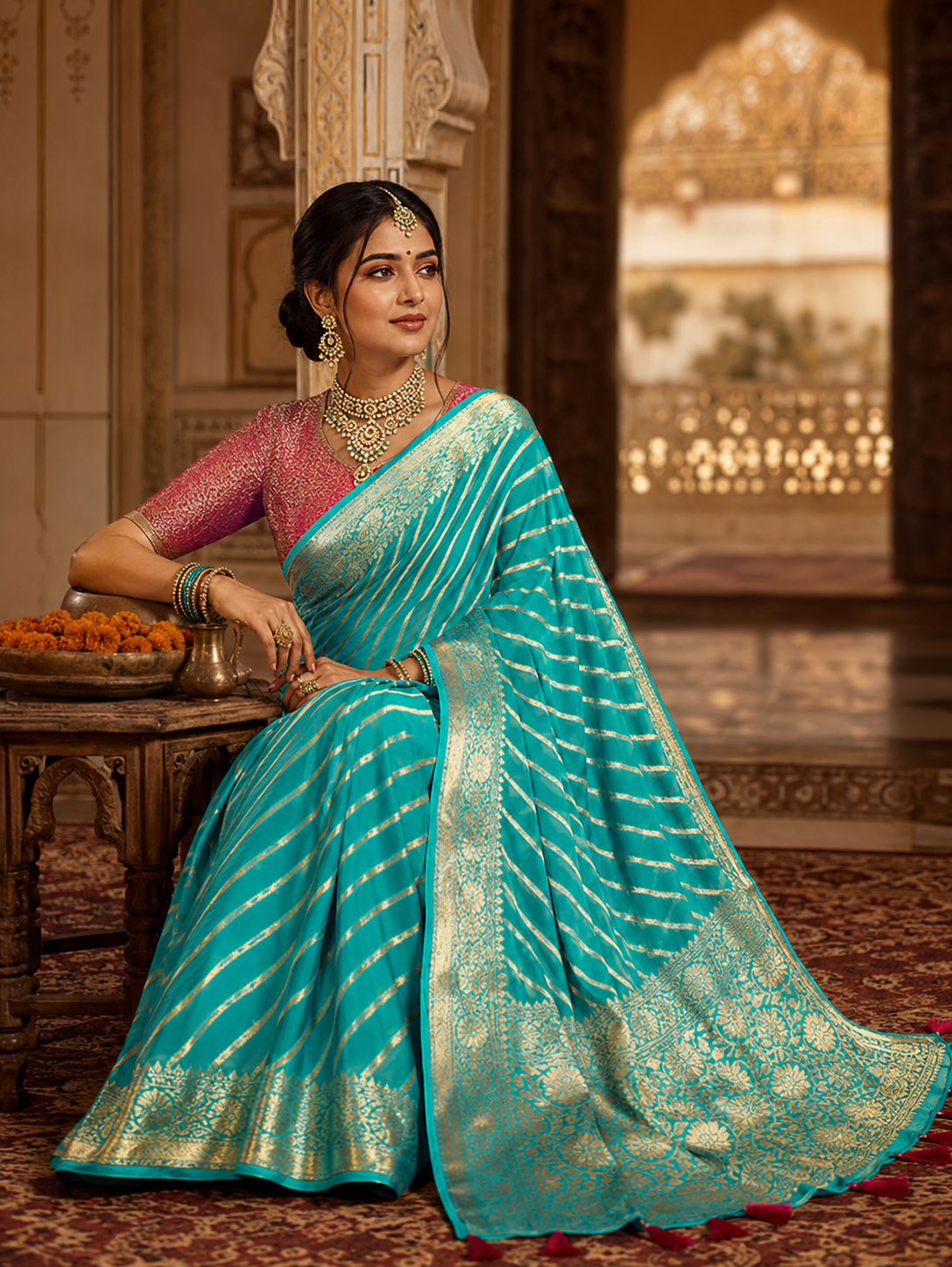 Turquoise Emerald Khaddi Georgette Banarasi Handloom Leheriya Zari Saree