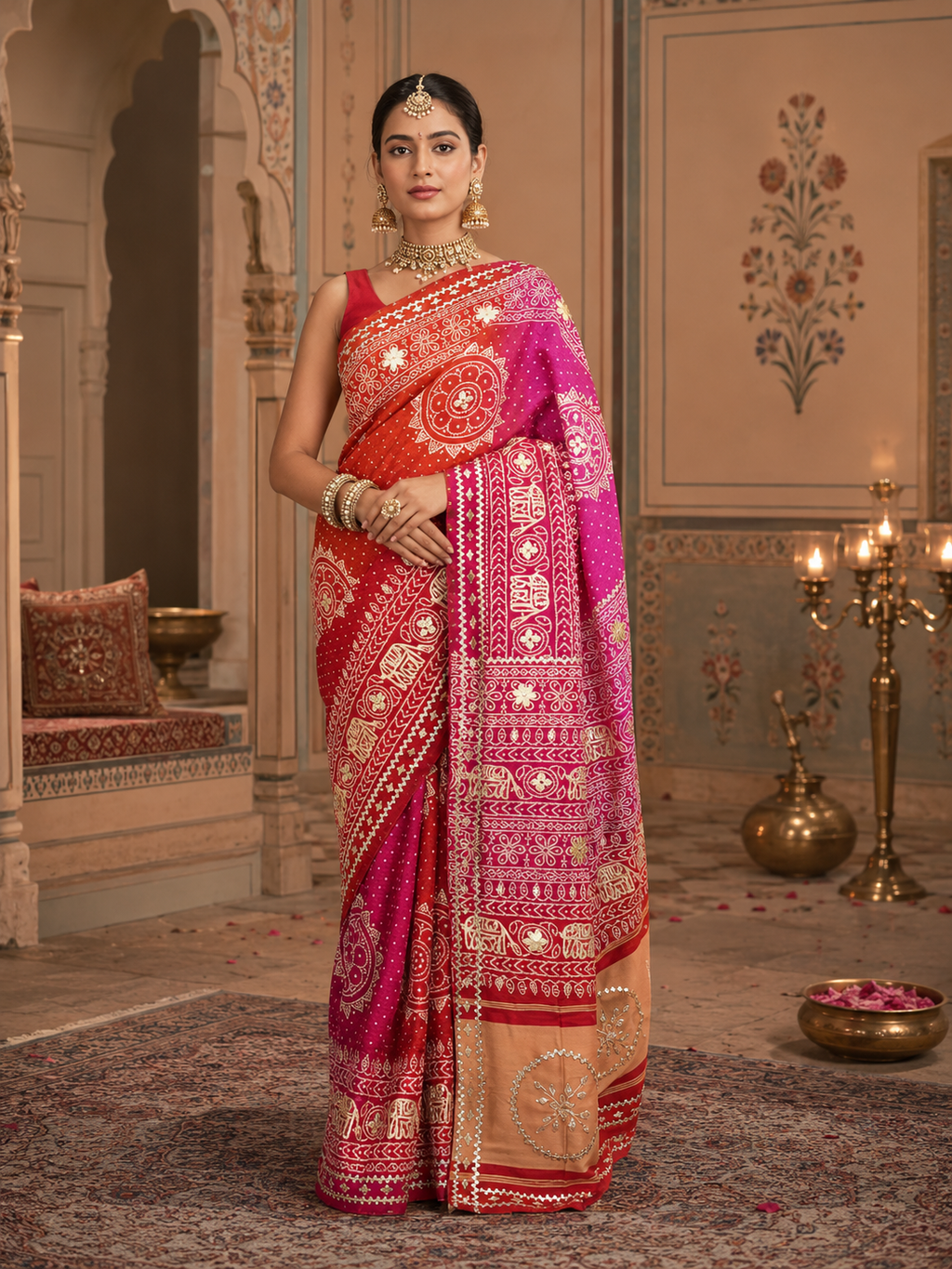 Handcrafted Bandhani Gaji Silk Saree with Fine Gota Patti Work