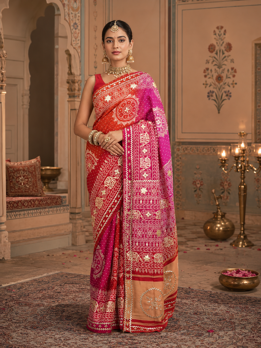 Handcrafted Bandhani Gaji Silk Saree with Fine Gota Patti Work