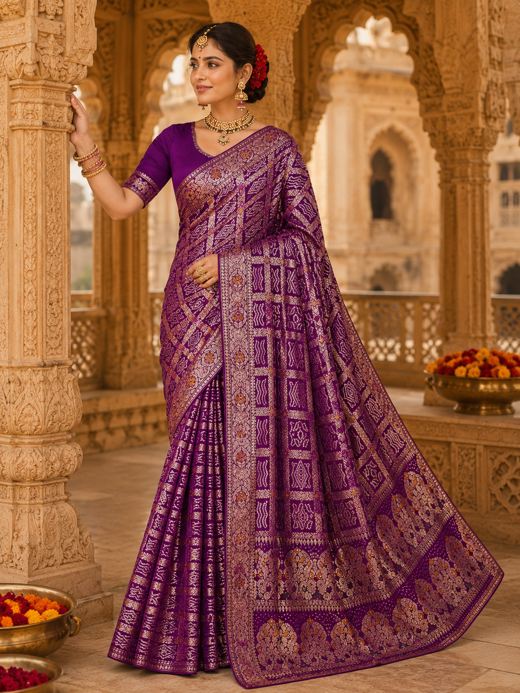 Royal Deep Purple Uppada Silk Gharchola Meenakari Banarasi Saree