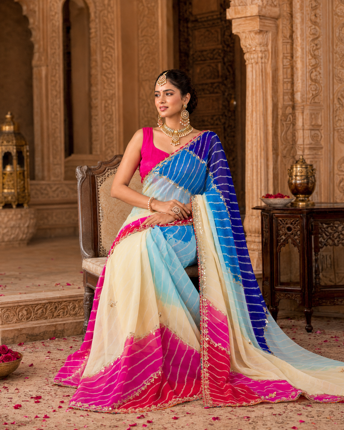 Multicolour Georgette Saree with Handcrafted Gota Patti