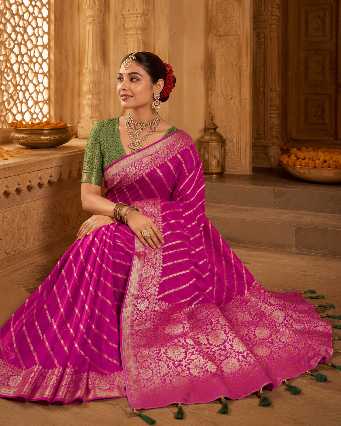 Rani Pink Khaddi Georgette Banarasi Handloom Leheriya Zari Weaving Saree
