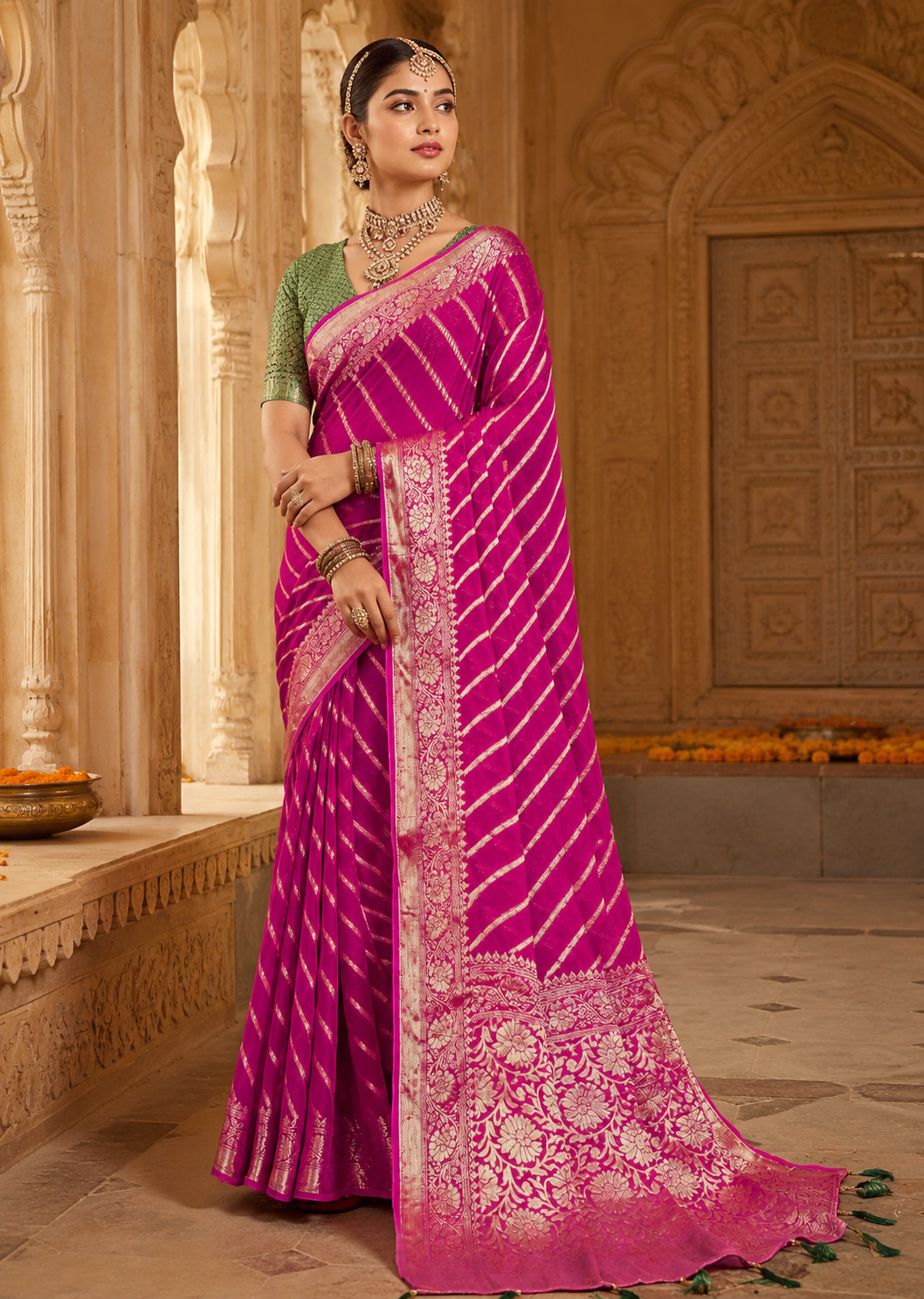 Rani Pink Khaddi Georgette Banarasi Handloom Leheriya Zari Weaving Saree