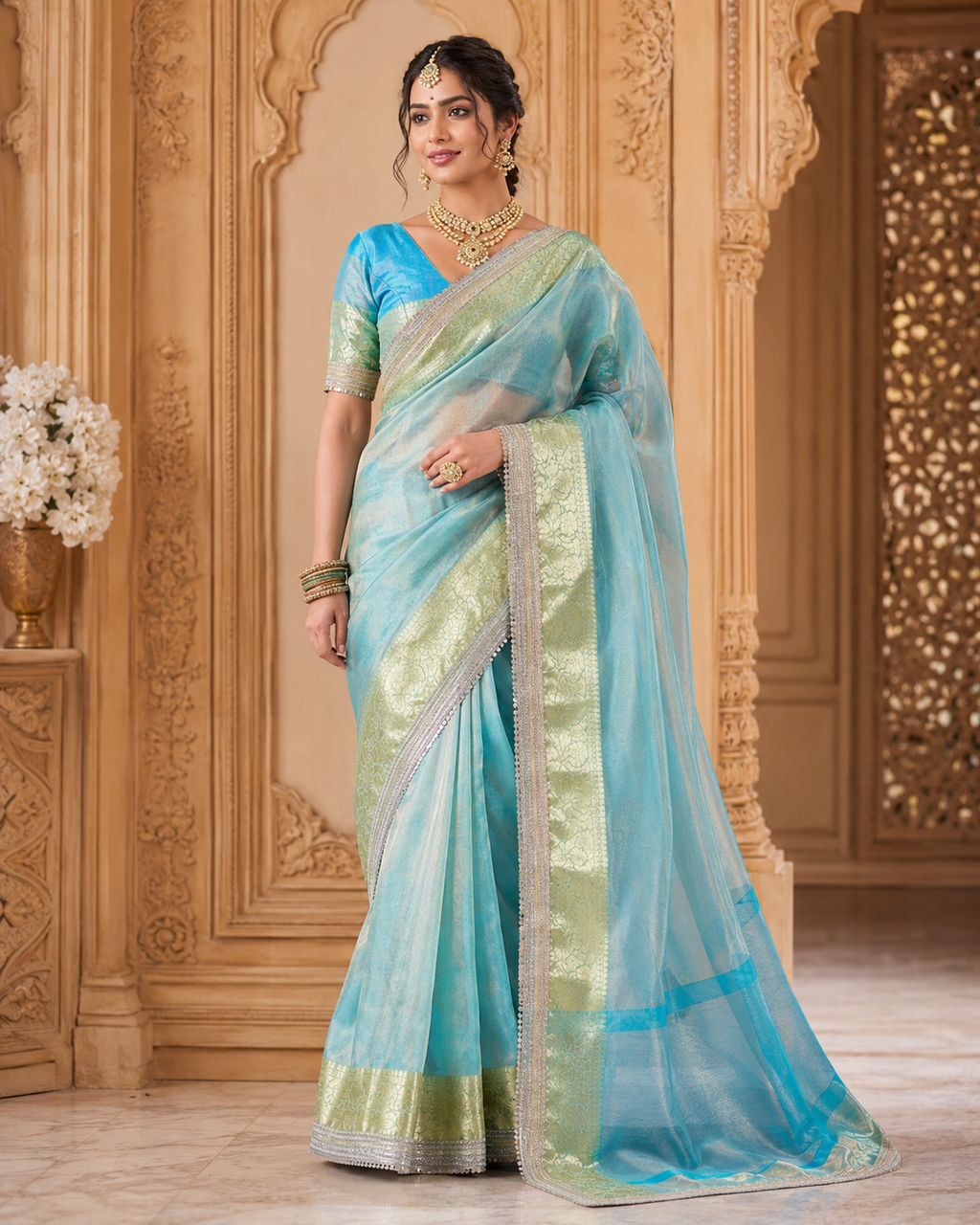 Celestial Aqua Tissue Silk Saree with Intricate Embroidery Border