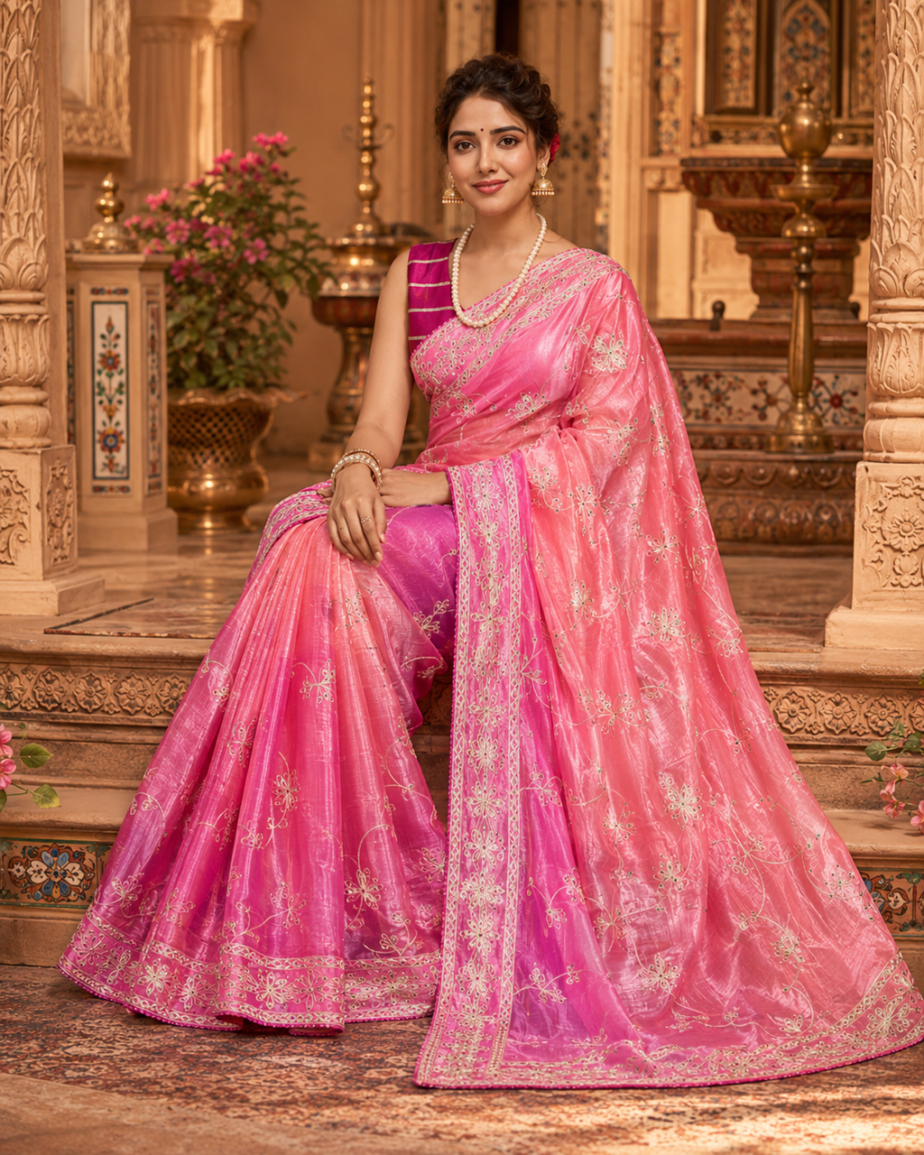 Ethereal Blush & Magenta Tissue Silk Saree with Intricate Gota Patti Work