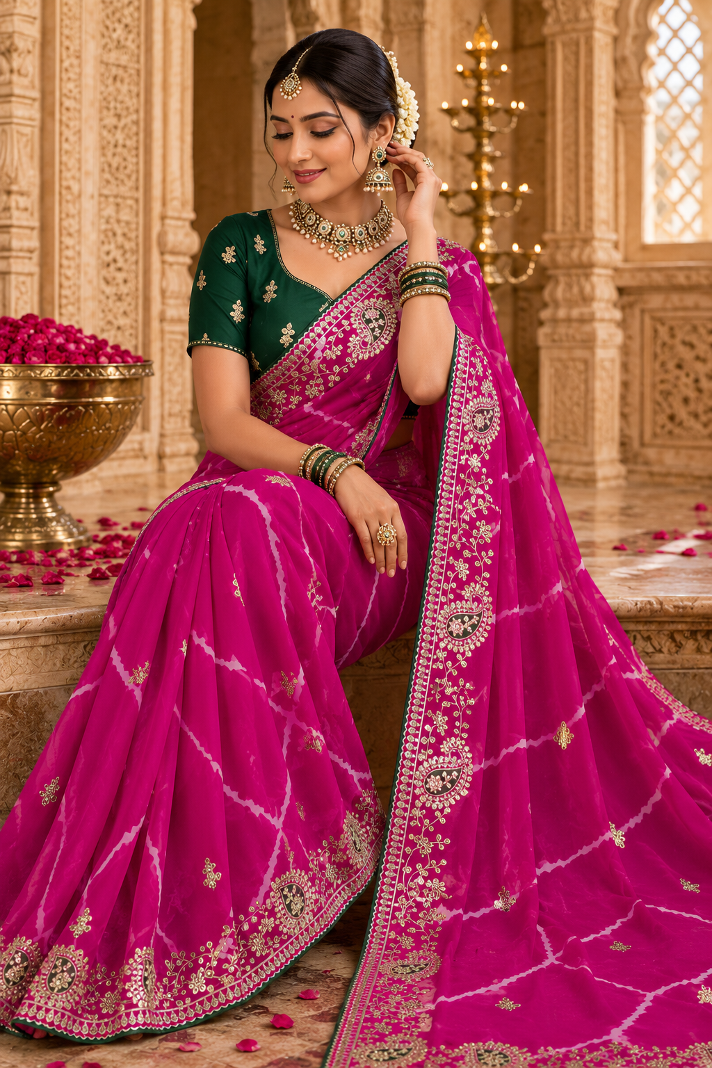 Vibrant Rani Pink Georgette Leheriya Saree with Embroidered Gota Patti Work