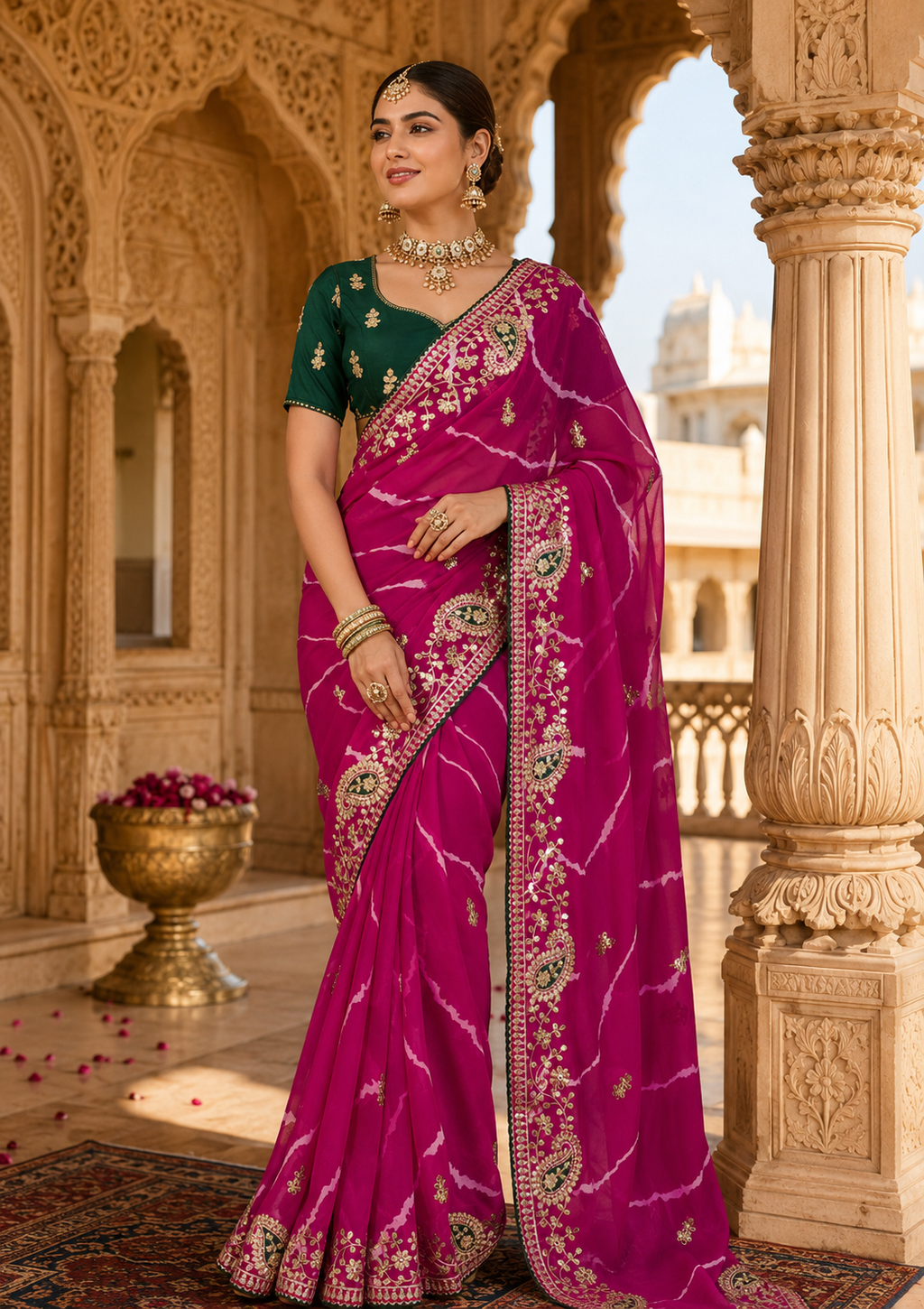Vibrant Rani Pink Georgette Leheriya Saree with Embroidered Gota Patti Work