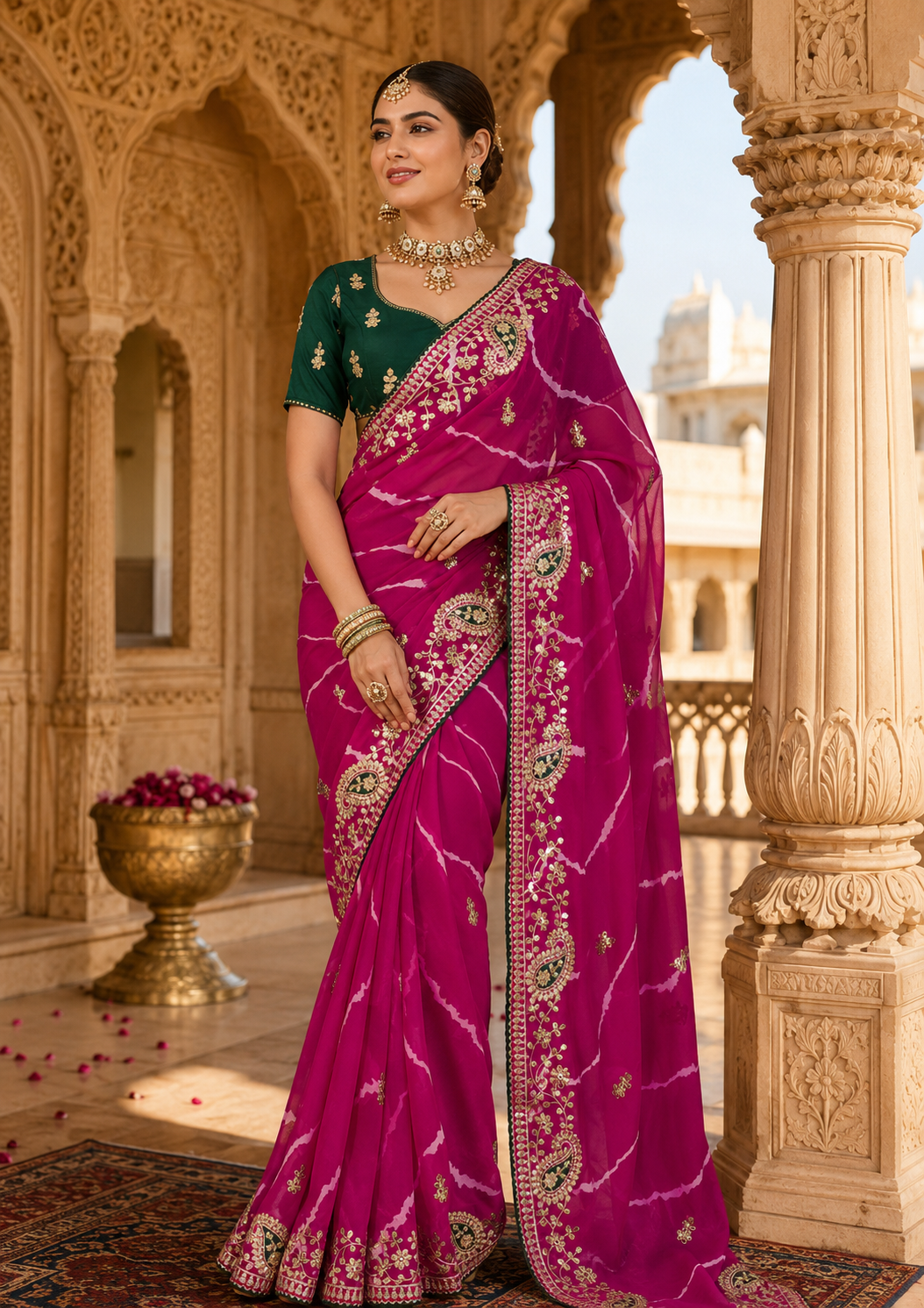 Vibrant Rani Pink Georgette Leheriya Saree with Embroidered Gota Patti Work