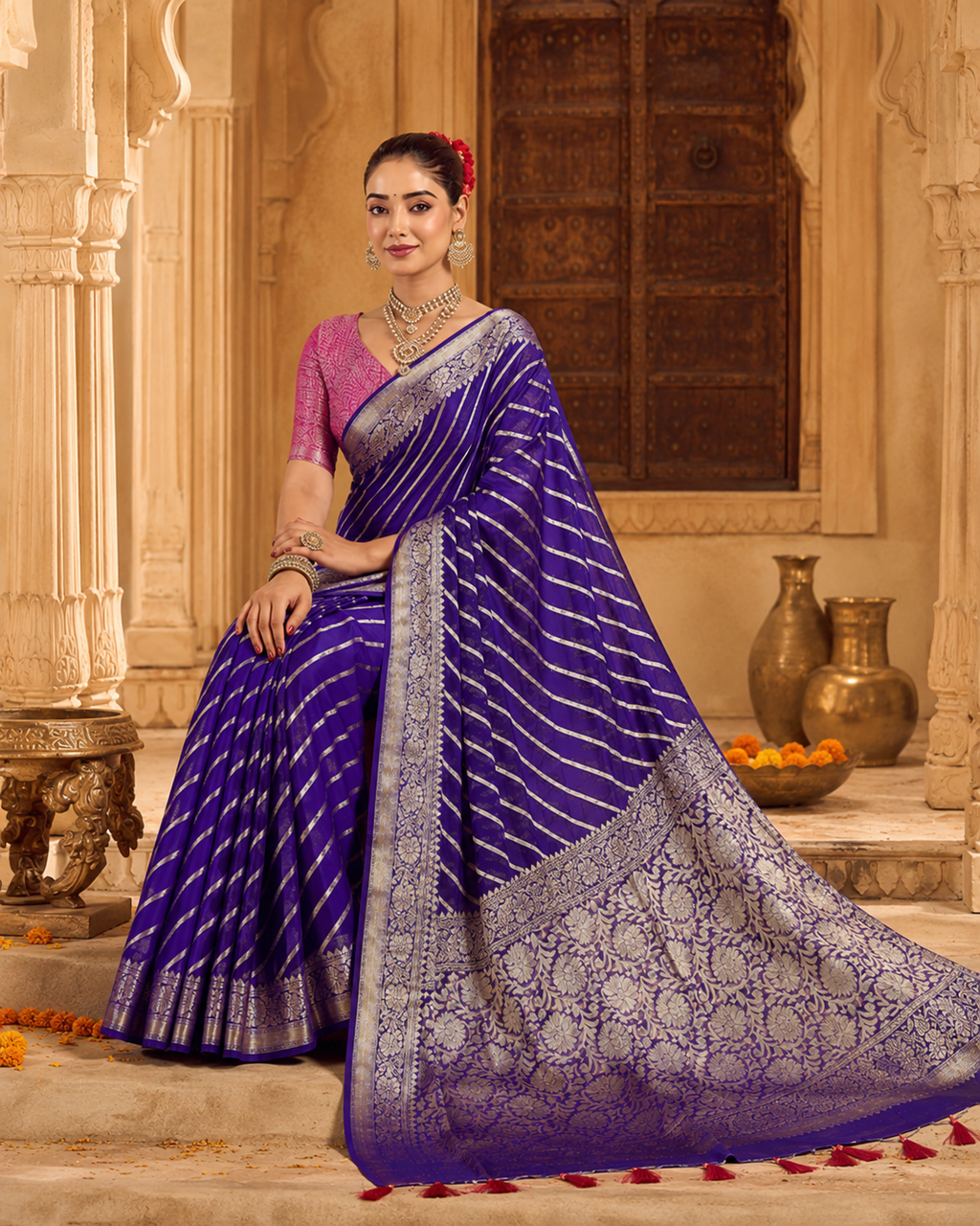Royal Indigo Khaddi Georgette Banarasi Handloom Leheriya Zari Saree