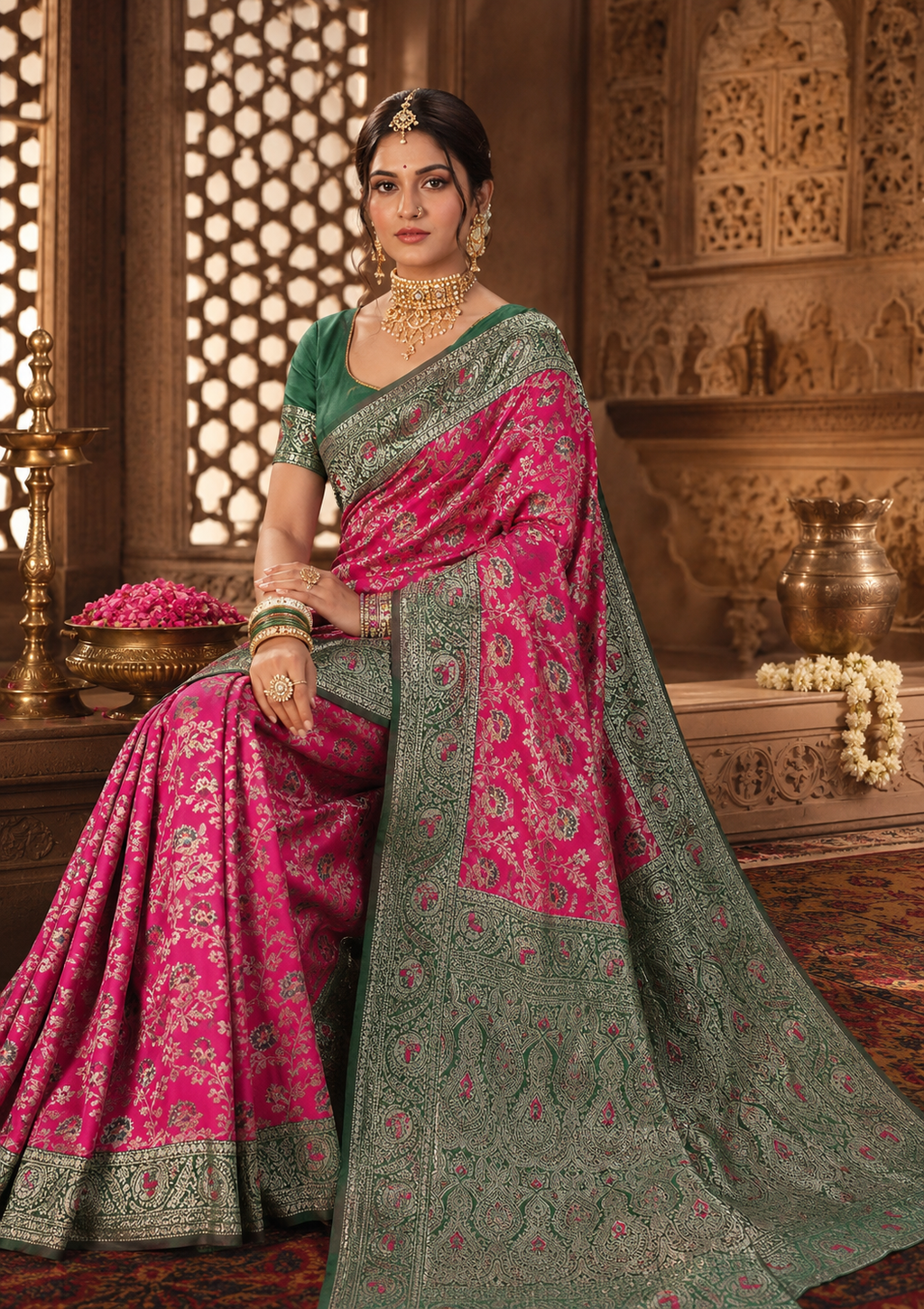 Regal Rani Pink & Forest Green Silk Saree with Intricate Zari Weaving