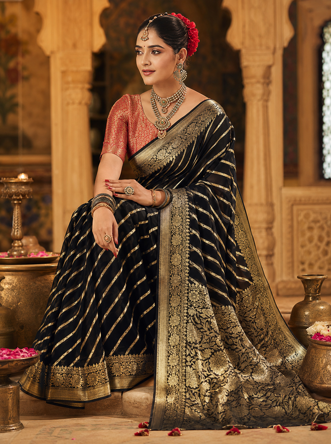 Midnight Noir Khaddi Georgette Banarasi Handloom Leheriya Zari Saree