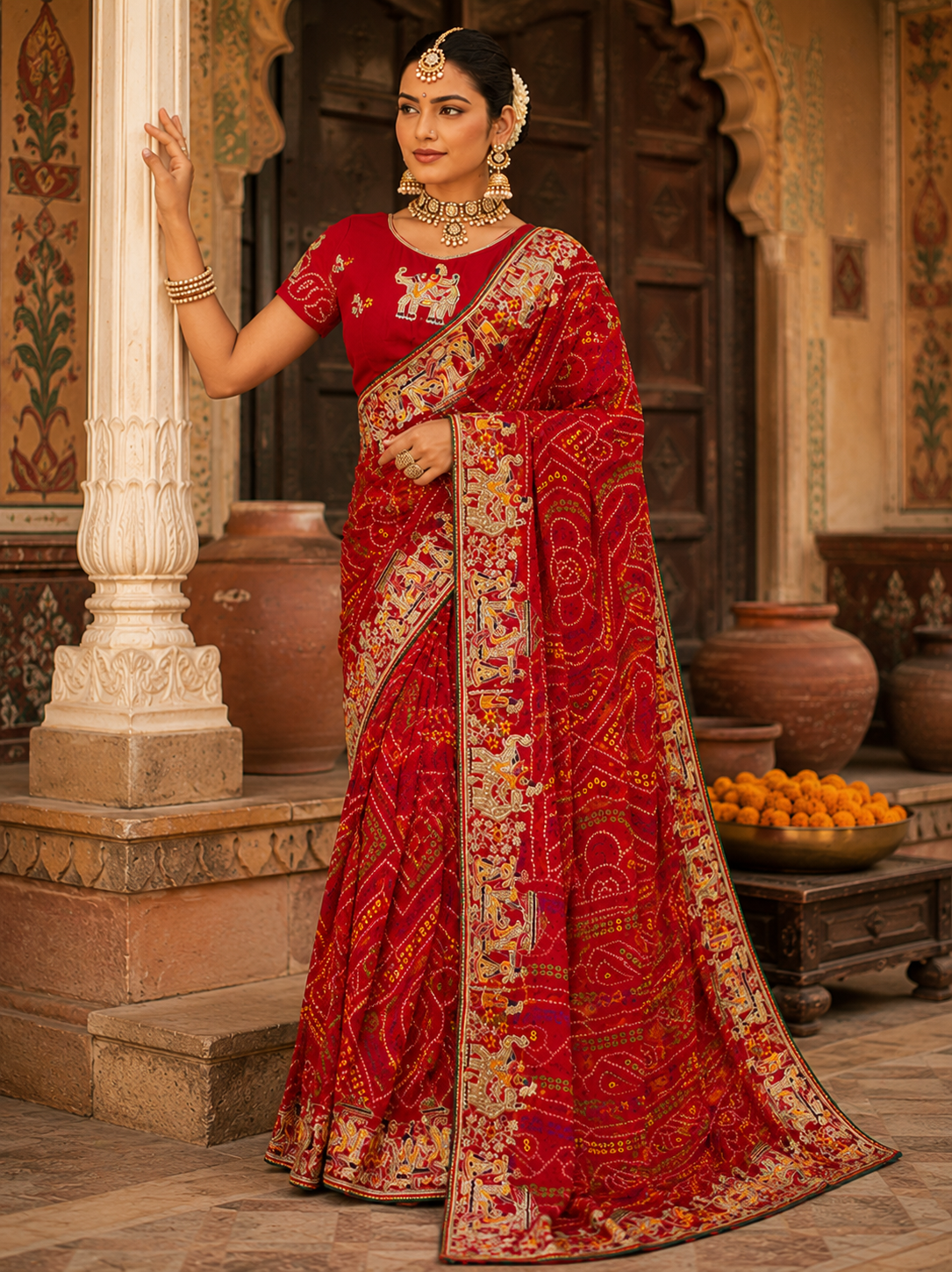 Traditional Rajasthani Red Pure Georgette Chunri Bandhani Saree