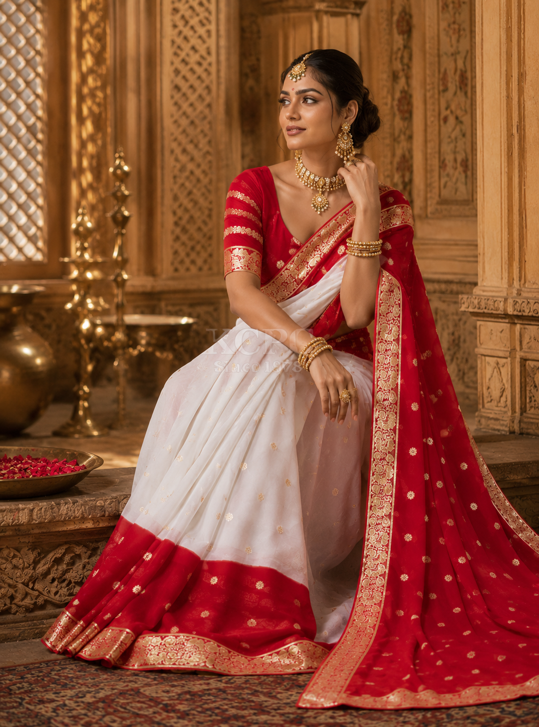 Special Red & White Georgette Jaipuri Tie-Dye Saree with Zari Weaving