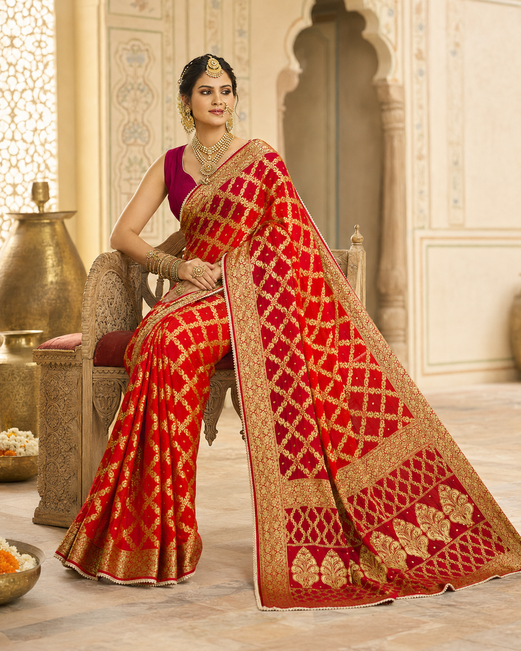 Imperial Vermilion Gharchola Banarasi Silk Saree with Heavy Zari Work