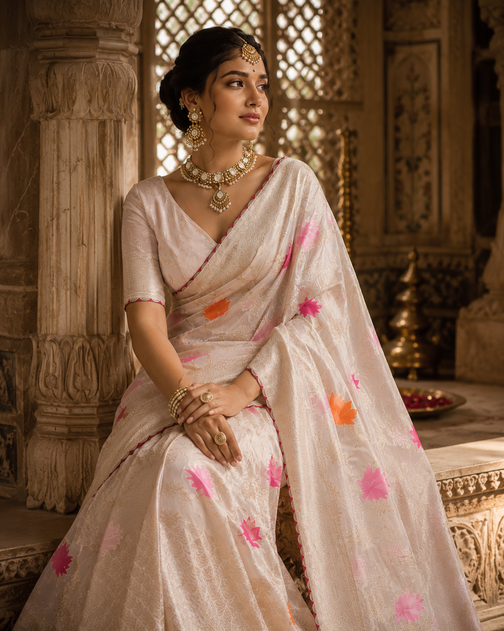 Off-White Khaddi Georgette Silk Saree with Kashmiri Woven Motifs