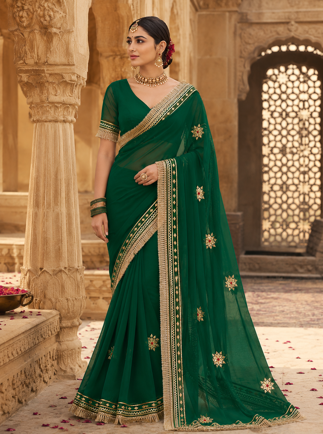 Forest Green Pure Georgette Saree with Handcrafted Gota Patti Work