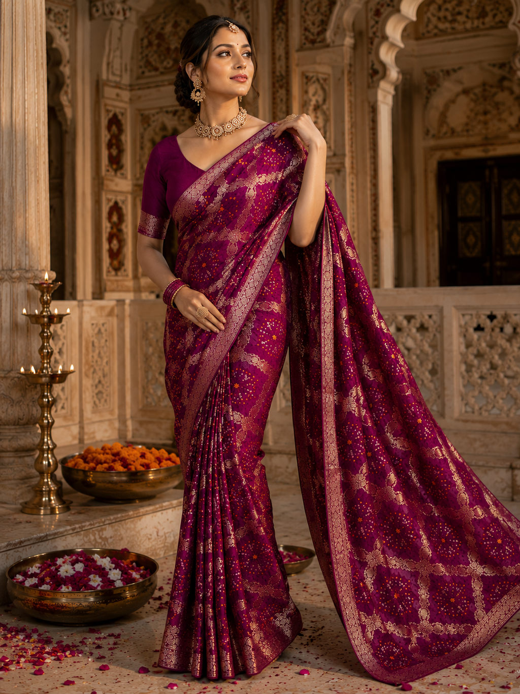 Royal Gaji Silk Bandhani Saree with Banarasi Zari Border