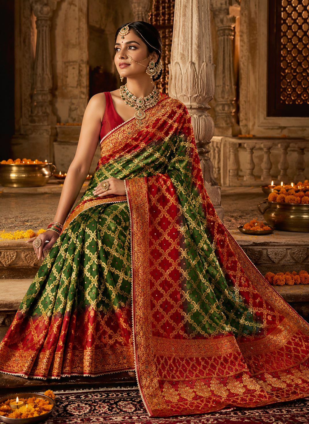 Traditional Red & Green Gharchola Banarasi Silk Saree with Heavy Zari Work