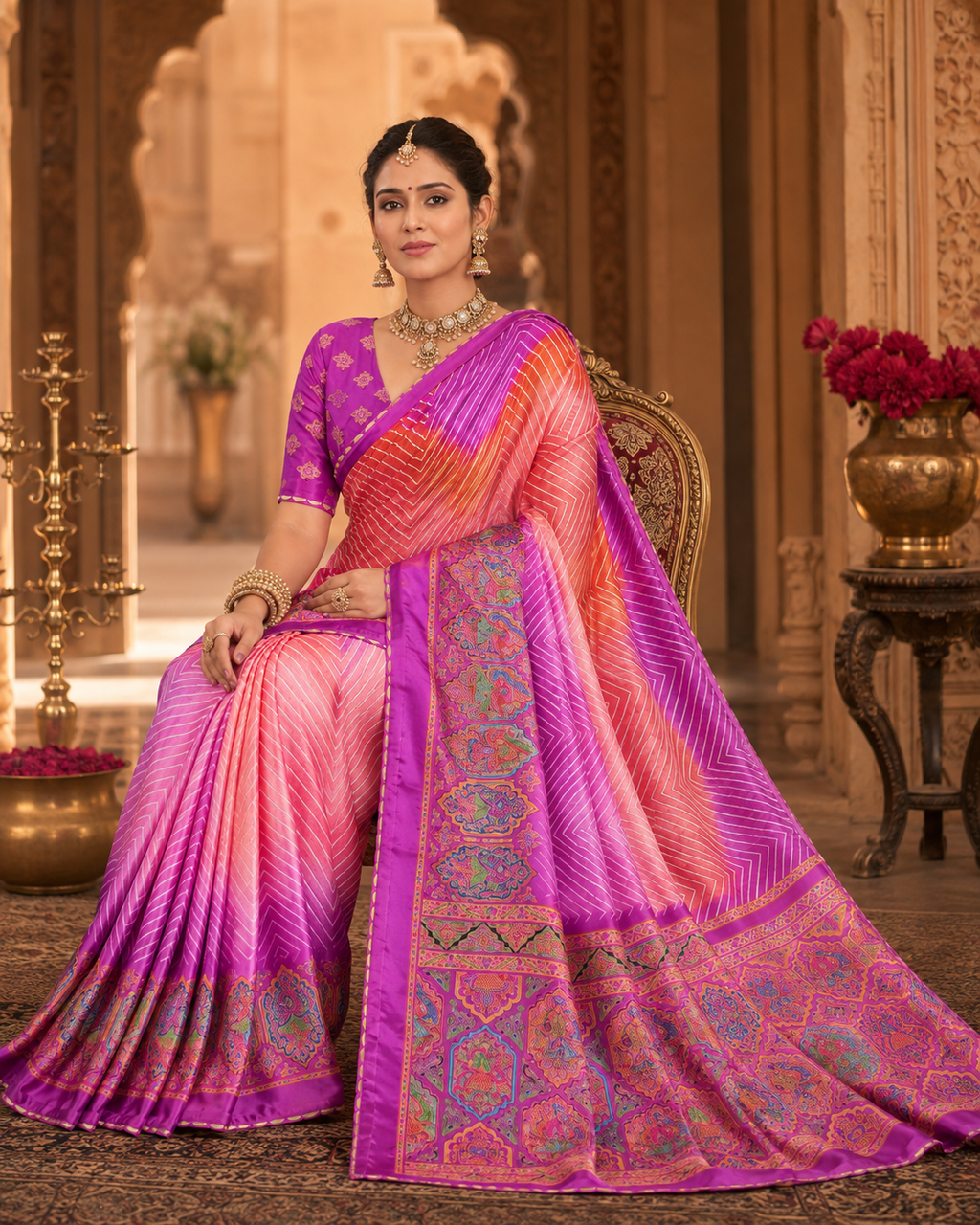 Ethereal Leheriya & Kalamkari Crepe Silk Saree