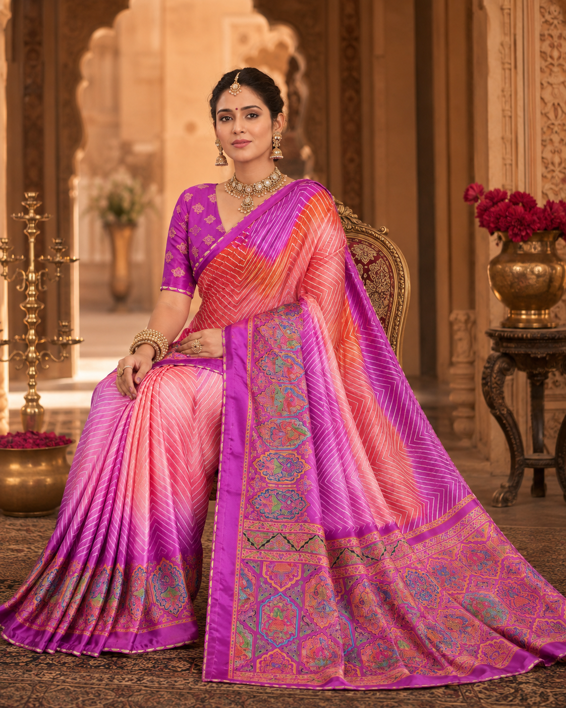 Ethereal Leheriya & Kalamkari Crepe Silk Saree