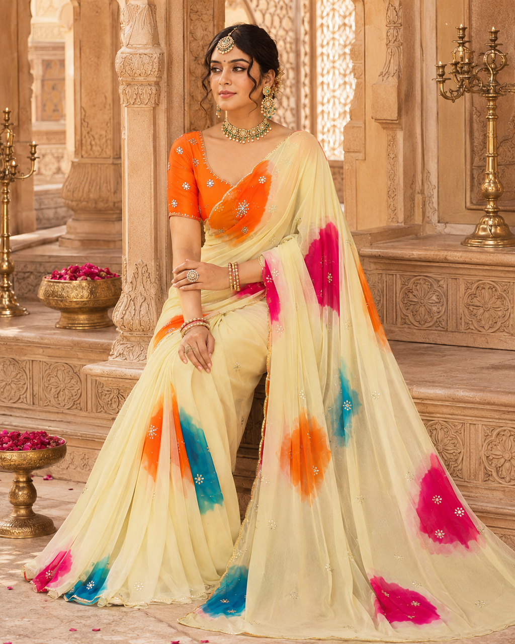 Ethereal Multicolor Tie-Dye Chiffon Saree with Intricate Cutdana Embellishments