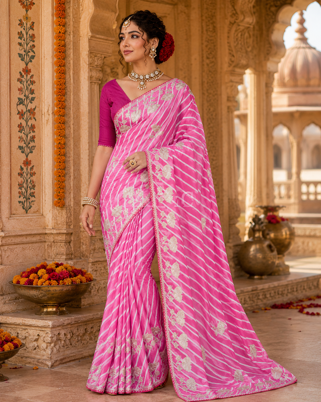 Pink Satin Silk Tilfi Leheriya Saree with Handcrafted Gota Patti Work