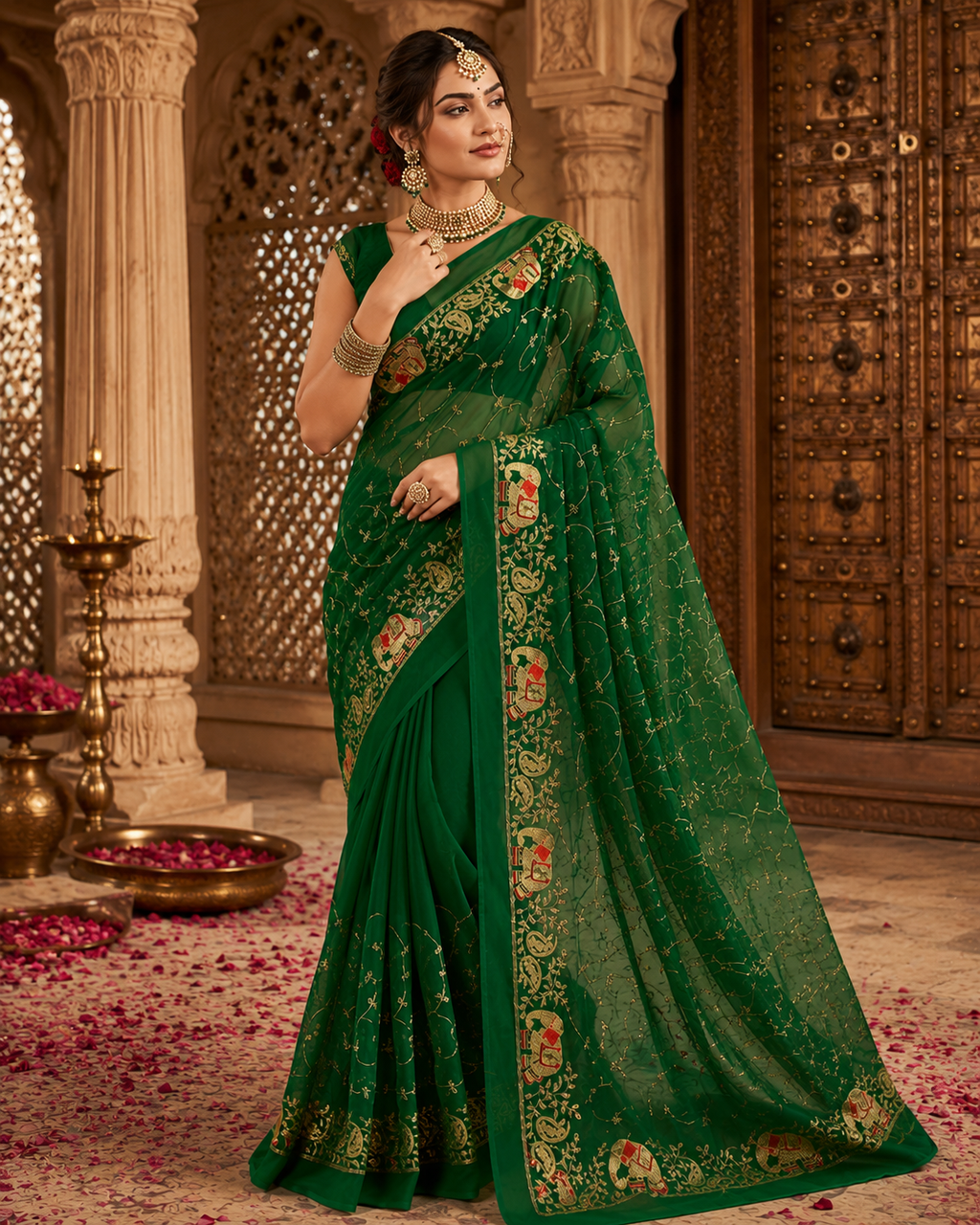 Forest Green Georgette Party Wear Saree with Sequin & Tari Embroidered Work