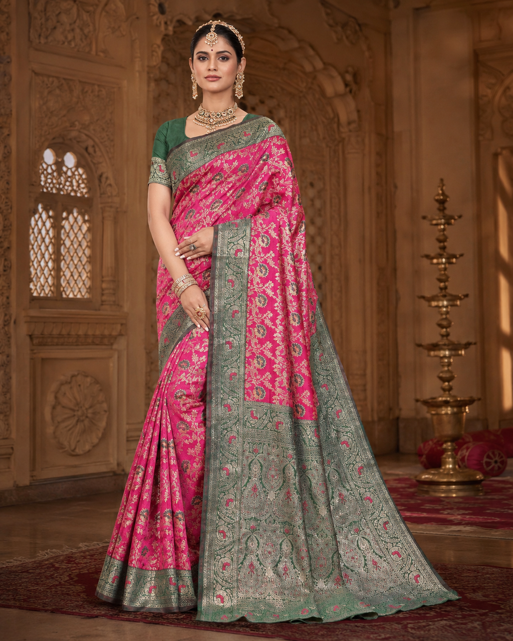 Regal Rani Pink & Forest Green Silk Saree with Intricate Zari Weaving