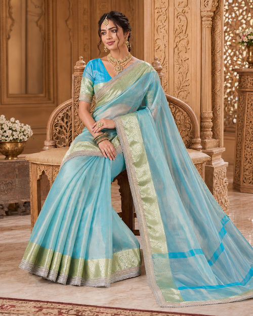 Celestial Aqua Tissue Silk Saree with Intricate Embroidery Border