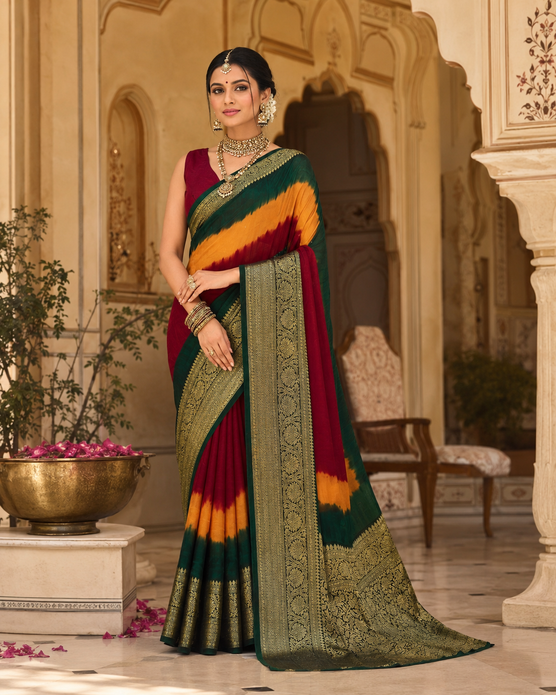 Regal Multi-Tone Viscose Silk Saree with Antique Zari Weaving