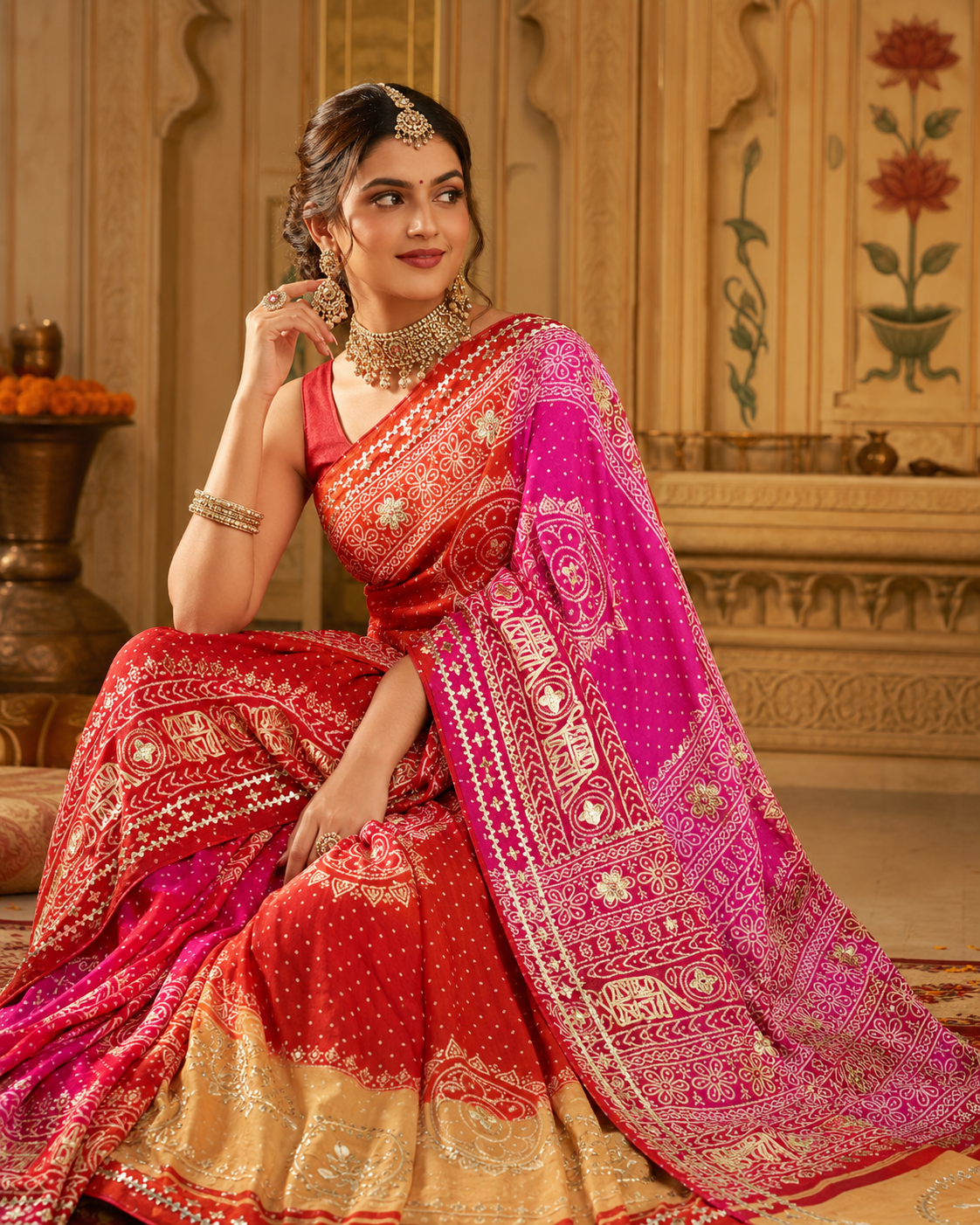 Handcrafted Bandhani Gaji Silk Saree with Fine Gota Patti Work