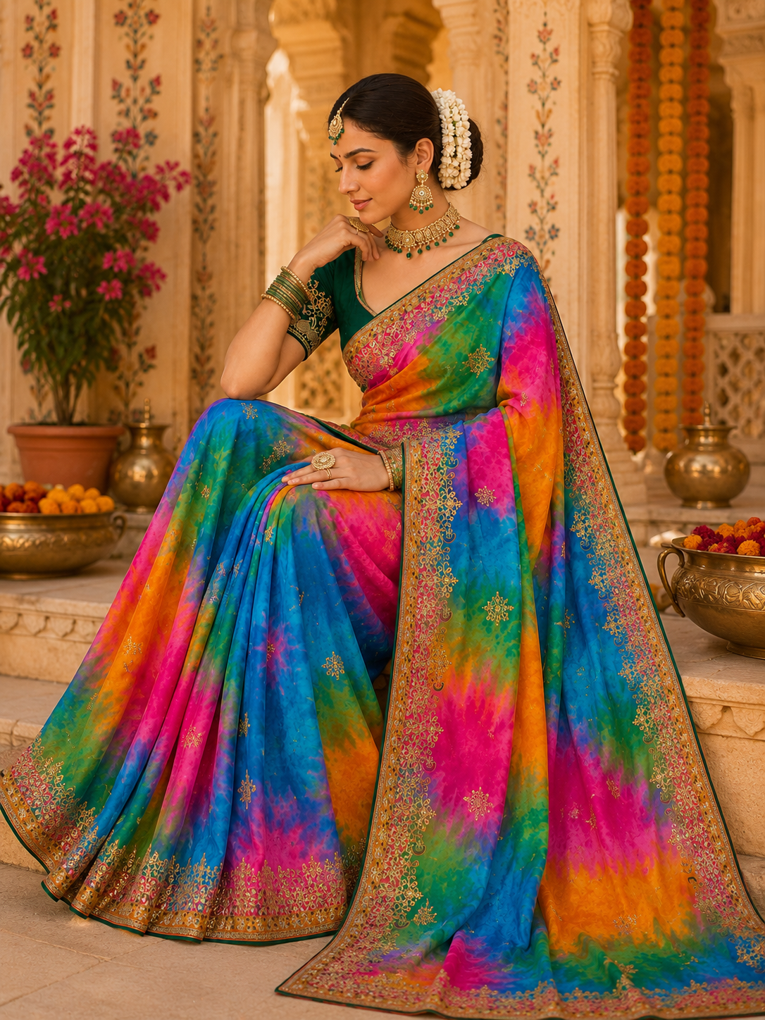 Vibrant Multicolor Georgette Bandhani Festive Wear Saree