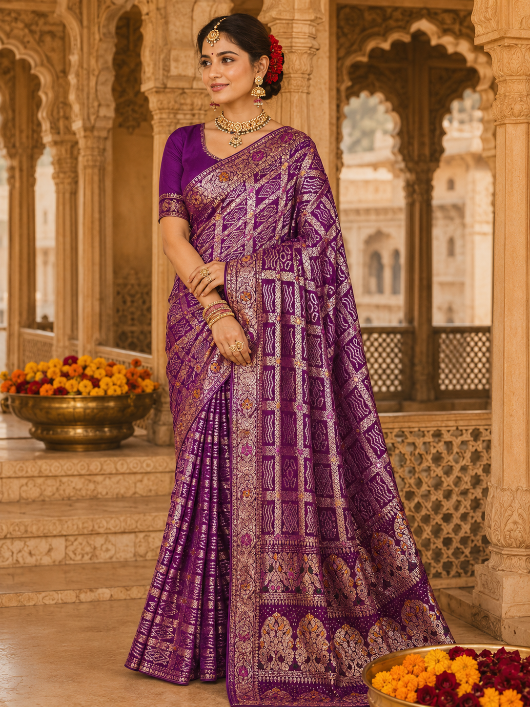 Royal Deep Purple Uppada Silk Gharchola Meenakari Banarasi Saree