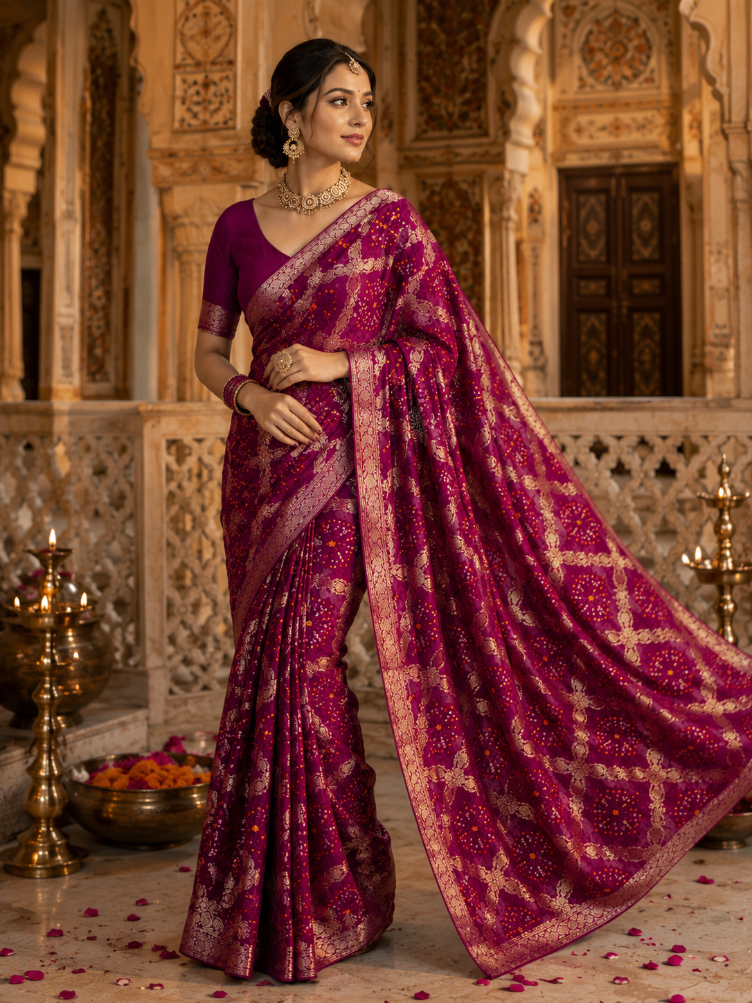 Royal Gaji Silk Bandhani Saree with Banarasi Zari Border