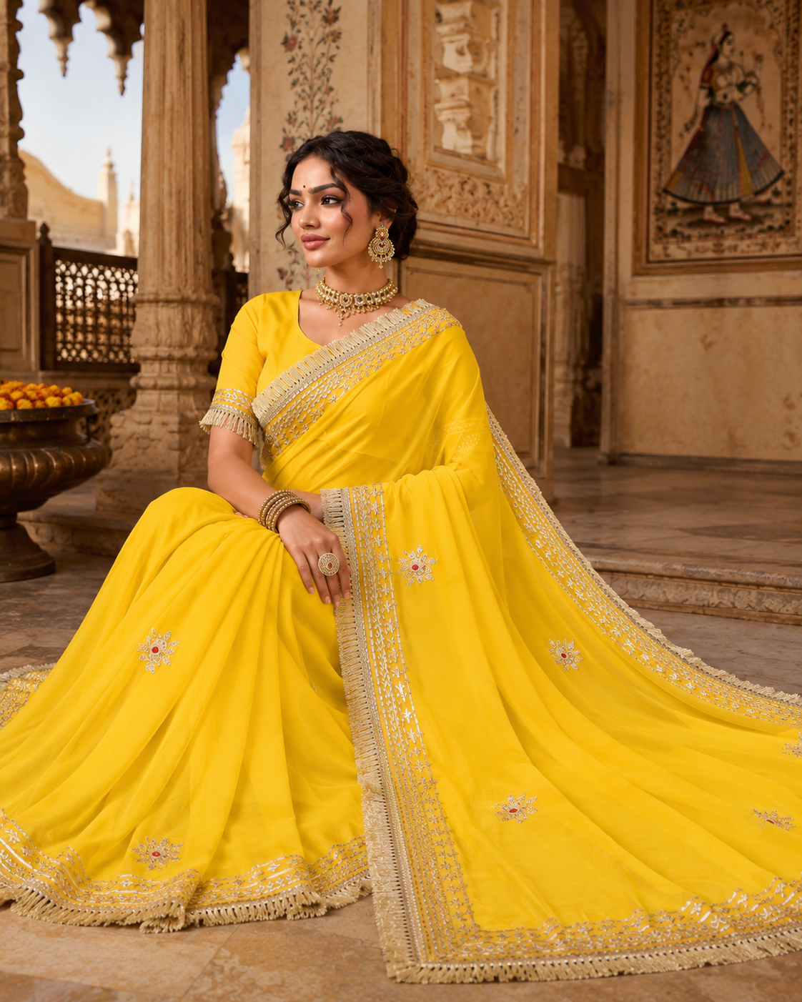 Sunshine Yellow Pure Georgette Saree with Gota Patti Embellishment