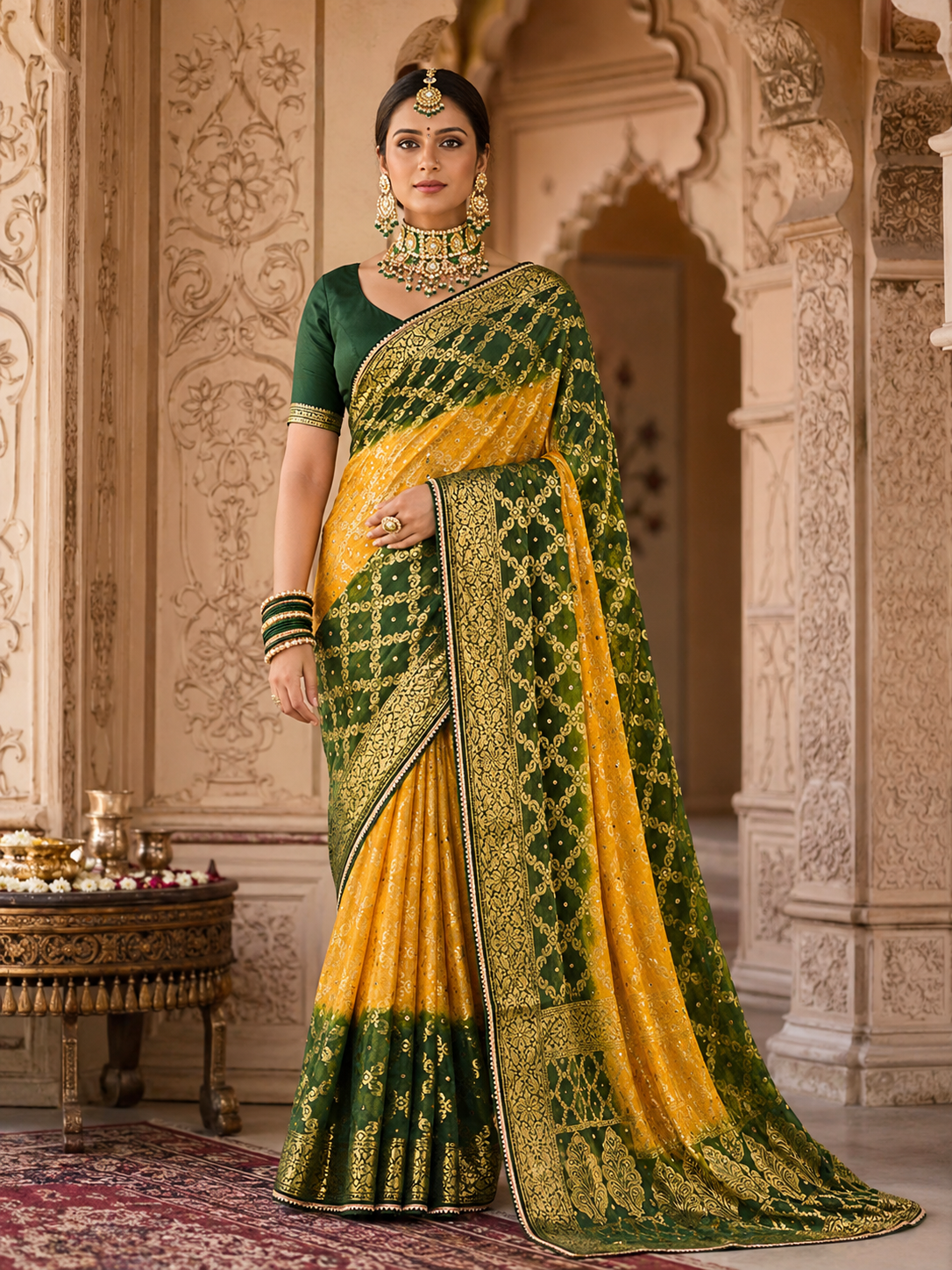 Golden Sunburst & Forest Green Gharchola Banarasi Silk Saree