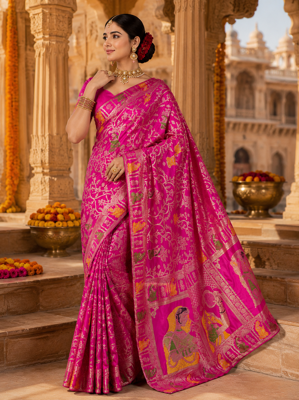Rani Pink Munga Silk Banarasi Zari Weave Saree with Heavy Storytelling Pallu
