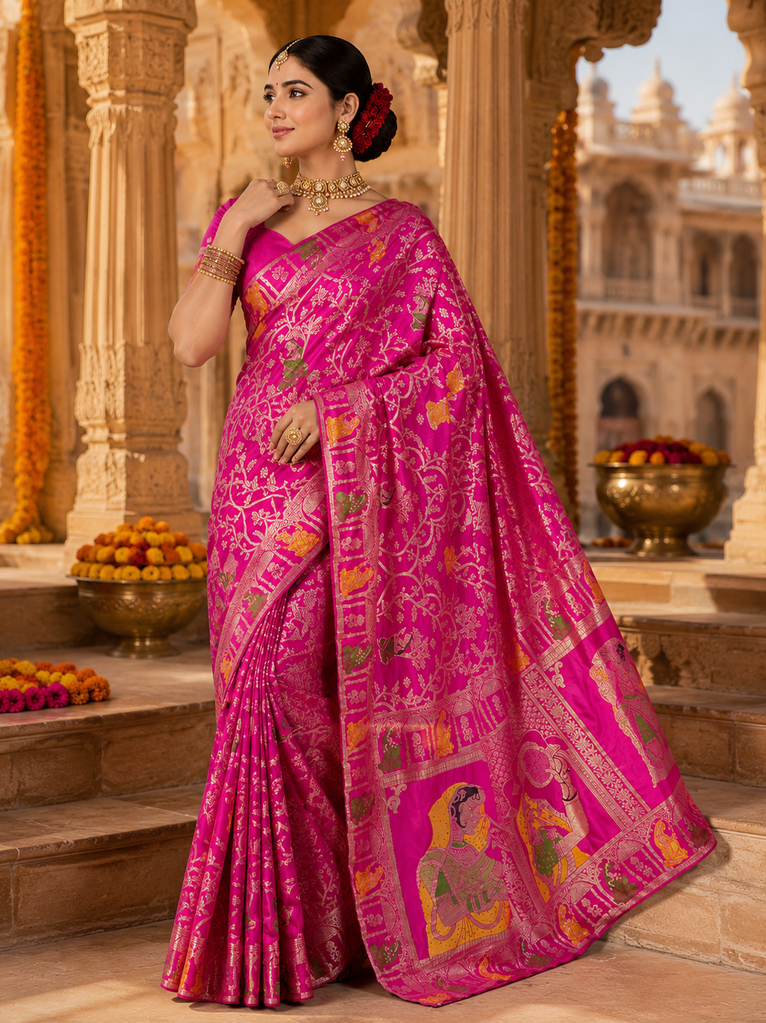 Rani Pink Munga Silk Banarasi Zari Weave Saree with Heavy Storytelling Pallu