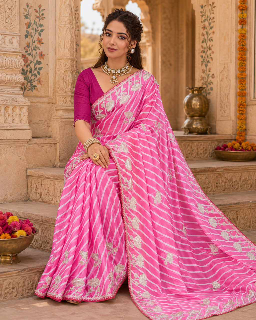 Pink Satin Silk Tilfi Leheriya Saree with Handcrafted Gota Patti Work